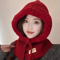 Winter knitted balaclava hood in bright red color with warm fleece lining and button detail - Red (Hat Only)