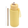 Minimalist 1L yellow stainless steel vacuum sports bottle with straw and cleaning brush - 1 L / Pop-up Straw Lid / Light Yellow