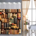 Double-layer waffle weave shower curtain featuring a vintage bookshelf and floral print - 181x188cm / Vintage Bookshelf - Curtain Only