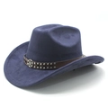 Detailed view of navy blue faux suede cowboy hat with studded brown leather band - M (56-59cm) / Navy Blue