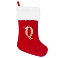 Detail of red velvet Christmas stocking with gold glitter letter Q and white faux fur cuff - Large Letter Q / 20 inch