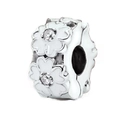 Silver bead charm with white enamel flowers and cubic zirconia in round cylinder shape - 009-Stopper (Silver White Enamel Flower)