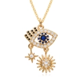 Golden Evil Eye necklace with sun and star charms featuring blue stones and micro-inlays - Hamsa Hand Star Moon Pendant Style (F176)