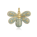 Detailed macro shot of a gold bee pendant with light blue enamel and small flower patterns - Blue Bee Pendant