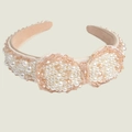 Elegant beige fabric headband with white faux pearls and champagne beads for women - Artificial Pearl Champagne Beaded (Series 8-3)