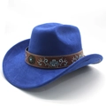Detail of navy faux suede cowboy hat featuring brown leather band with floral embroidery - M (56-58cm) / Sapphire Blue