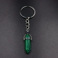 Detail of silver hexagonal green malachite stone pendant on metal keychain - Malachite