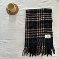 Soft black plaid scarf with green and pink stripes and fringe tassel accents - 62*200cm / Black