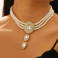 Multi-layer pearl necklace featuring a large gold crystal teardrop pendant design - KC Gold (H-56)