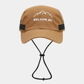 Detail of khaki outdoor camper cap featuring mountain embroidery and windproof cord - Adjustable / Camel