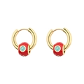 Detailed macro view of gold hoop earrings with red floral enamel beads and lever-back clasp - E1122-Red Vintage Floral Beads Earrings