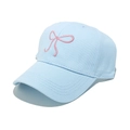 Detail of light blue cotton baseball cap with pink bow embroidery and reinforced stitching - M (56-58cm) / Sky Blue
