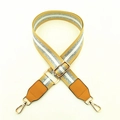 Detail view of adjustable wide fabric bag strap with yellow stripes and gold metal hardware - Yellow