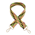 Detail of adjustable wide woven bag strap with colorful geometric zigzag patterns and gold buckles - Yellow Green Pink Purple Red Silver Buckle