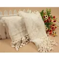 White lace shawl scarf featuring floral embroidery and cotton tassels in boho style - 8009 Tassel Embroidery Style / White