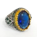 Ottoman style vintage men's ring with oval blue gemstone and silver engraved band - US 7 / Royal Blue (TJZ22021)