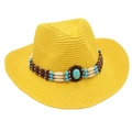 Detailed view of a bright yellow woven straw sun hat with ethnic turquoise beaded band - Yellow