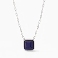 Vintage stainless steel necklace featuring a square purple cat-eye stone pendant - Silver Blue