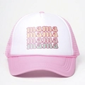 Close-up of pink mesh trucker hat with multi-colored gradient mama lettering print - Pink