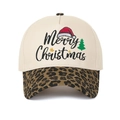 Close-up of Merry Christmas embroidery and leopard print brim on a retro baseball cap - Adjustable / Cream/Leopard Print
