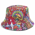 Sombrero de pescador reversible con graffiti hippie de colores y motivos de flower power - M (56-58cm) / Estampado Hippie de Símbolo de Paz y Hongos (Estilo B)