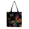 Dettaglio della borsa tote nera con stampa di farfalla colorata e manici in tessuto - Stile Farfalla Artistica Fondo Nero (hm3607)