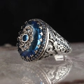Vintage silver snake ring featuring blue gemstone and intricate golden filigree patterns - Adjustable Open / Blue Stone Gold Filigree