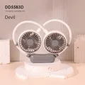 Portable gray neck fan with devil wing accent on a pink minimalist stand - Little Devil / White