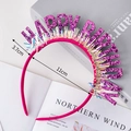 Pink Happy Birthday headband with purple glitter letters and iridescent fringe detail - Rose Red Sequin Tassel Birthday Headband
