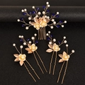 Detail of bridal hair set with gold leaves, white pearls, and blue crystal beads - Gold Leaf + Royal Blue Crystal (Set of 5)