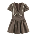 Vestito vintage a quadri marroni con colletto in pizzo e maniche a sbuffo - XS / Quadri Marroni