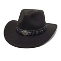 Détail du chapeau de cowboy en feutre noir avec emblème tête de lion et clous métalliques - Noir