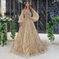 Luxurious champagne gold evening gown with intricate sequins, V-neck, and balloon sleeves - S / Dresses / Gold