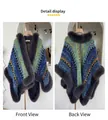 Front and back detail of a knitted poncho with colorful wave patterns and fur trim - Royal Blue Patchwork / 140cm
