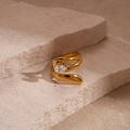 Anello a fascia in acciaio inossidabile placcato oro 18k con gemma a forma di pera - Anello d'Oro con Zircone a Goccia Avvolgente (48#)