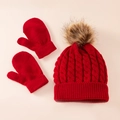 Red cable knit winter set for kids including warm bobble hat and matching mittens - Red 2-Piece Set
