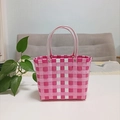Pink and white checkered hand-woven bucket bag with transparent round handles - Small / Pink