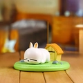 Cute cartoon rabbit incense burner on green base with yellow house, resin ornament - 1224-5 Rabbit Incense Holder