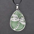 Green natural stone teardrop pendant necklace with silver dragonfly and black cord - Green Aventurine