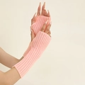 Pastel pink ribbed knit fingerless gloves for women with high-quality stretch texture - Pink