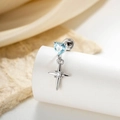 Silver cross earring featuring a heart-shaped blue gemstone and sparkling center stud - Light Sea Blue (1 Pc)