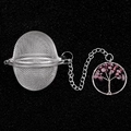 Stainless steel tea infuser with red crystal tree of life pendant and fine mesh ball - Garnet