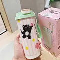 Cute pink striped 500ml stainless steel cat thermos with dual-use lid and carry strap - Pink Green Black Cat