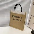 Borsa tote in lino con manici neri e stampa SOMEDAY I'LL BE A in finitura naturale - Stampa Slogan Verticale (870)