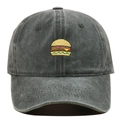 Close-up of burger embroidery on dark grey washed denim vintage baseball cap for men - Adjustable / Army Green