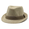 Classic light brown straw jazz hat with a striped ribbon band on a white background - Light Khaki