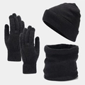 Detail shot of the knit texture on the thermal winter hat, scarf, and gloves set - Grey Black