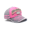 Distressed washed denim baseball cap with pink and dark grey patchwork and embroidery - Adjustable / Pink