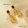 Detailed view of gold irregular wave earrings with red oval gemstones and size info - Gold with Deep Red Stone