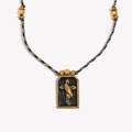18K vergulde roestvrijstalen ketting met zwart gevlochten koord en groene kruishanger - Kruis Biddende Handen Tarotkaart / Zwart (Goud Zwart)
